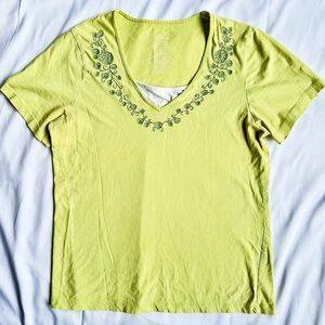 Boho Light Green Tee Shirt Top with Floral Embroidery & White Under Skirt Look